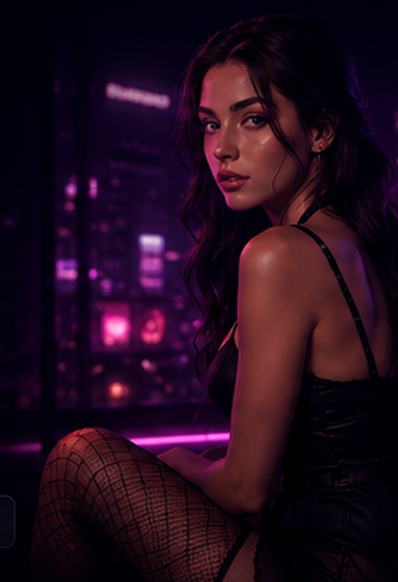 Stylized adult cam companion portrait in neon light